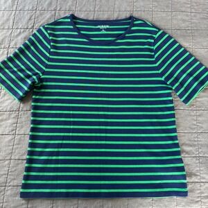 J. Crew Short Sleeve T-Shirt Perfect Fit Green Navy Striped Top Women's XL EUC